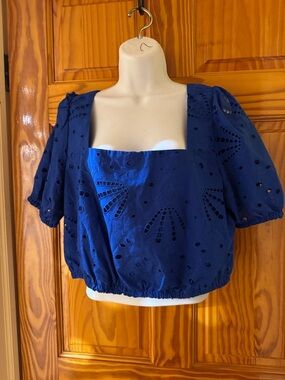 LOFT Royal Blue Eyelet Puff Sleeve Square Neck Top
